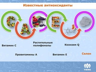 Известные антиоксиданты
Витамин С
Провитамины А
Растительные
полифенолы Коэнзим Q
Витамин Е Селен
 