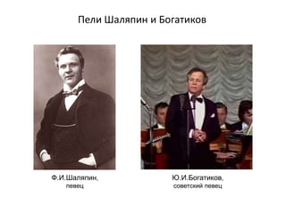Пели Шаляпин и Богатиков
Ю.И.Богатиков,
советский певец
Ф.И.Шаляпин,
певец
 