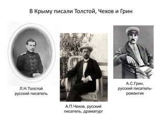 В Крыму писали Толстой, Чехов и Грин
Л.Н.Толстой
русский писатель
А.П.Чехов, русский
писатель, драматург
А.С.Грин,
русский писатель-
романтик
 