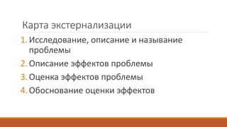 Карта экстернализации
1.Исследование, описание и называние
проблемы
2.Описание эффектов проблемы
3.Оценка эффектов проблемы
4.Обоснование оценки эффектов
 