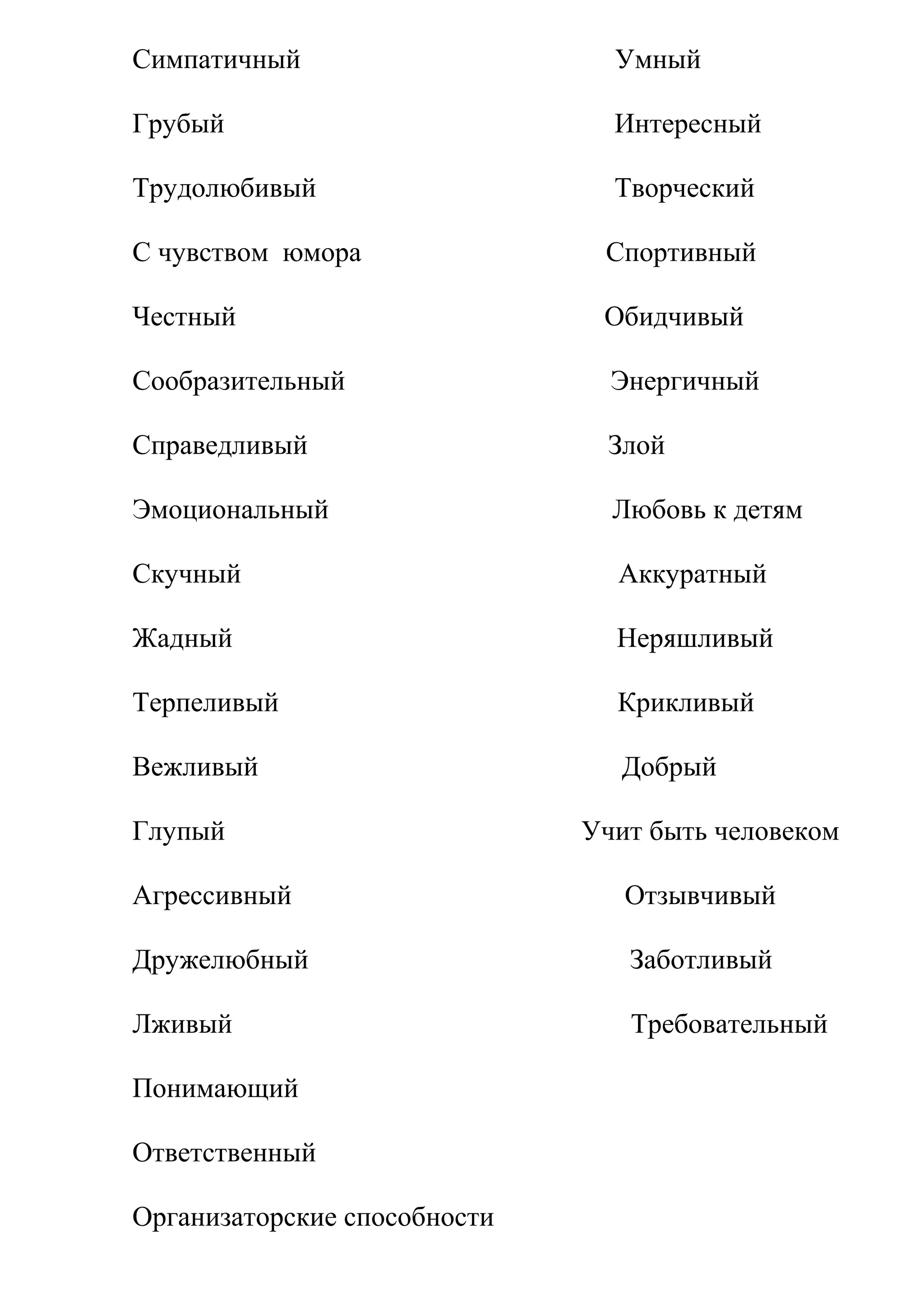 Симпатичный Умный
Грубый Интересный
Трудолюбивый Творческий
С чувством юмора Спортивный
Честный Обидчивый
Сообразительный Энергичный
Справедливый Злой
Эмоциональный Любовь к детям
Скучный Аккуратный
Жадный Неряшливый
Терпеливый Крикливый
Вежливый Добрый
Глупый Учит быть человеком
Агрессивный Отзывчивый
Дружелюбный Заботливый
Лживый Требовательный
Понимающий
Ответственный
Организаторские способности
 