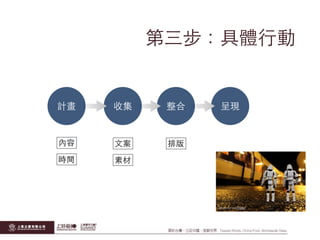 第三步：具體⾏行動
計畫 收集 整合 呈現
內容
時間
⽂文案
素材
photo cc via Stéfan
排版
 