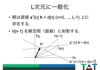 L次元に一般化
• 解は直線 xT[n] h = d[n] (n=0, ..., L-1) 上に
存在する．
• h[n-1] を解空間（直線）に射影する．
23
h1
h2
h* xT [n] h = d[n]
h[n-1]
h[n]
xT [n+1] h = d[n+1]
 