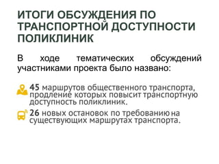 ИТОГИ ОБСУЖДЕНИЯ ПО
ТРАНСПОРТНОЙ ДОСТУПНОСТИ
ПОЛИКЛИНИК
В ходе тематических обсуждений
участниками проекта было названо:
 