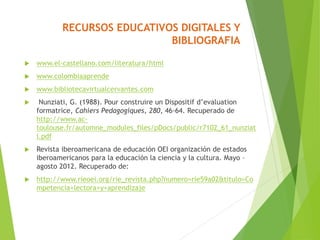 RECURSOS EDUCATIVOS DIGITALES Y
BIBLIOGRAFIA
 www.el-castellano.com/literatura/html
 www.colombiaaprende
 www.bibliotecavirtualcervantes.com
 Nunziati, G. (1988). Pour construire un Dispositif d’evaluation
formatrice, Cahiers Pedagogiques, 280, 46-64. Recuperado de
http://www.ac-
toulouse.fr/automne_modules_files/pDocs/public/r7102_61_nunziat
i.pdf
 Revista iberoamericana de educación OEI organización de estados
iberoamericanos para la educación la ciencia y la cultura. Mayo –
agosto 2012. Recuperado de:
 http://www.rieoei.org/rie_revista.php?numero=rie59a02&titulo=Co
mpetencia+lectora+y+aprendizaje
 