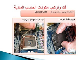 Socket CPU ‫نوع‬ ‫من‬ ‫معالج‬ ‫تركيب‬ ‫*خطوات‬
‫هذا‬ ‫بأزالة‬ ‫نقوم‬‫اوال‬ ‫الجزء‬‫الباب‬ ‫يغلق‬ ‫الذي‬ ‫الذراع‬ ‫نسحب‬ ‫ثم‬
 