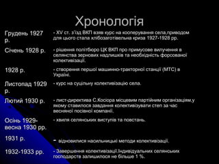 ХронологіяХронологія
Грудень 1927Грудень 1927
р.р.
-- XVXV ст. з’їзд ВКП взяв курс на кооперування села,приводомст. з’їзд ВКП взяв курс на кооперування села,приводом
для цього стала хлібозаготівельна криза 1927-1928 рр.для цього стала хлібозаготівельна криза 1927-1928 рр.
Січень 1928 р.Січень 1928 р. - рішення політбюро ЦК ВКП про примусове вилучення в- рішення політбюро ЦК ВКП про примусове вилучення в
селянства зернових надлишків та необхідність форсованоїселянства зернових надлишків та необхідність форсованої
колективізації.колективізації.
1928 р.1928 р. - створення першої машинно-тракторної станції (МТС) в- створення першої машинно-тракторної станції (МТС) в
Україні.Україні.
Листопад 1929Листопад 1929
р.р.
- курс на суцільну колективізацію села.- курс на суцільну колективізацію села.
Лютий 1930 р.Лютий 1930 р. - лист-директива С.Косіора місцевим партійним організаціям,у- лист-директива С.Косіора місцевим партійним організаціям,у
якому ставилося завдання колективізувати степ за часякому ставилося завдання колективізувати степ за час
весняної посівної компанії.весняної посівної компанії.
Осінь 1929-Осінь 1929-
весна 1930 рр.весна 1930 рр.
- хвиля селянських виступів та повстань.- хвиля селянських виступів та повстань.
1931 р.1931 р. -- відновилися насильницькі методи колективізації.відновилися насильницькі методи колективізації.
1932-1933 рр.1932-1933 рр. - Завершення колективізації.Індивідуальних селянських- Завершення колективізації.Індивідуальних селянських
господарств залишилося не більше 1 %.господарств залишилося не більше 1 %.
 