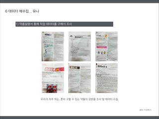 6 데이터 재수집 _ 유나
1) 약품설명서 통해 직접 데이터를 구해서 조사
(출처: 직접확인)
우리가 자주 먹는, 흔히 구할 수 있는 약들의 성분을 조사 및 데이터 수집.
 