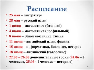 Расписание
• 25 мая – литература
• 28 мая – русский язык
• 1 июня – математика (базовый)
• 4 июня – математика (профильный)
• 8 июня – обществознание, химия
• 11 июня – английский язык, физика
• 15 июня – информатика, биология, история
• 18 июня – английский (говорение)
• 22.06 – 26.06 дополнительные сроки (24.06 – 2
человека, 25.06 - 1 человек – историю)
 