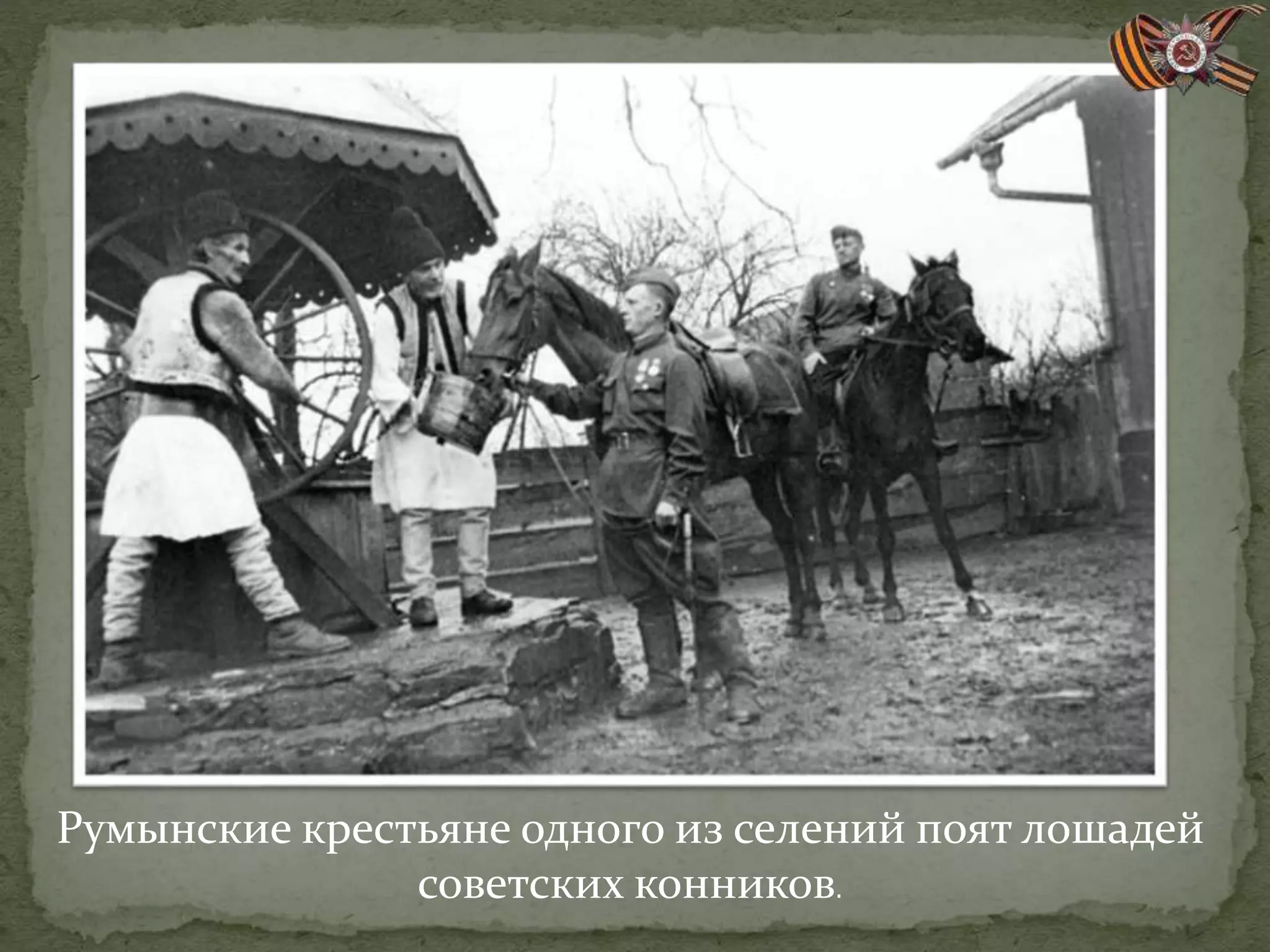Румынские крестьяне одного из селений поят лошадей
советских конников.
 
