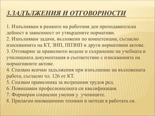 3.ЗАДЪЛЖЕНИЯ И ОТГОВОРНОСТИ
1. Изпълнявам в рамките на работния ден преподавателска
дейност в зависимост от утвърдените нормативи.
2. Изпълнявам задачи, възложени по компетенции, съгласно
изискванията на КТ, ЗНП, ППЗНП и други нормативни актове.
3. Отговарям за правилното водене и съхранение на учебната и
училищната документация в съответствие с изискванията на
нормативните актове.
4. Спазвам всички задължения при изпълнение на възложената
работа, съгласно чл. 126 от КТ.
5. Спазвам правилника за вътрешния трудов ред.
6. Повишавам професионалната си квалификация.
7. Формирам социални умения у учениците.
8. Прилагам иновационни техники и методи в работата си.
 