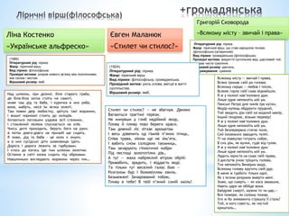 Над шляхом, при долині, біля старого граба,
де біла-біла хатка стоїть на самоті,
живе там дід та баба, і курочка в них ряба,
вона, мабуть, несе їм яєчка золоті.
Там повен двір любистку, цвітуть такі жоржини,
і вишні чорноокі стоять до холодів.
Хитаються патлашки уздовж всії стежини,
і стомлений лелека спускається на хлів.
Чиєсь дитя приходить, беруть його на руки.
А потім довго-довго на призьбі ще сидять.
Я знаю, дід та баба - це коли є онуки,
а в них сусідські діти шовковицю їдять.
Дорога і дорога лежить за гарбузами.
І хтось до когось їде тим шляхом золотим.
Остання в світі казка сидить під образами.
Навшпиньки виглядають жоржини через тин…
Ліна Костенко
«Українське альфреско»
(1989)
Літературний рід: лірика.
Жанр: ліричний вірш.
Вид лірики: філософська.
Провідні мотиви: розрив живого зв’язку між поколіннями,
між селом і містом.
Віршовий розмір: ямб.
Всякому місту — звичай і права,
Всяка тримає свій ум голова;
Всякому серцю — любов і тепло,
Всякеє горло свій смак віднайшло.
Я ж у полоні нав’язливих дум:
Лише одне непокоїть мій ум.
Панські Петро для чинів тре кутки,
Федір-купець обдурити прудкий,
Той зводить дім свій на модний манір,
Інший гендлює, візьми перевір!
Я ж у полоні нав’язливих дум:
Лише одне непокоїть мій ум.
Той безперервно стягає поля,
Сей іноземних заводить телят.
Ті на ловецтво готують собак,
В сих дім, як вулик, гуде від гуляк.
Я ж у полоні нав’язливих дум:
Лише одне непокоїть мій ум.
Ладить юриста на смак свій права,
З диспутів учню тріщить голова,
Тих непокоїть Венерин амур,
Всяхому голову крутить свій дур.
В мене ж турботи тільки одні,
Як з ясним розумом вмерти мені.
Знаю, що смерть — як коса замашна,
Навіть царя не обійде вона.
Байдуже смерті, мужик то чи цар,—
Все пожере, як солому пожар.
Хто ж бо зневажить страшну її сталь?
Той, в кого совість, як чистий
кришталь…
Григорій Сковорода
«Всякому місту – звичай і права»
Літературний рід: лірика.
Жанр: ліричний вірш, що став народною піснею
(філософсько-сатиричний).
Вид лірики: громадянська (філософська).
Провідні мотиви: викриття суспільних вад; щасливий той,
хто має чисте сумління.
Віршовий розмір: дактиль.
Тип римування: суміжне.
Стилет чи стилос? — не збагнув. Двояко
Вагаються трагічні терези.
Не кинувши у глиб надійний якор,
Пливу й пливу повз береги краси.
Там дивний ліс зітхає ароматом
І весь дзвенить од гімнів п’яних птиць,
Співа трава, ніким ще не зім’ята,
І вабить сном солодких таємниць,
Там зачарують гіпнотичні кобри
Під пестощі золототілих дів…
А тут — жаха набряклий вітром обрій:
Привабить, зрадить, і віддасть воді.
Та тільки тут веселий галас бою —
Розгоном бур і божевіллям хвиль.
Безмежжя! Зачарований тобою,
Пливу в тебе! В твій п’яний синій хміль!
Євген Маланюк
«Стилет чи стилос?»
(1924)
Літературний рід: лірика.
Жанр: ліричний вірш.
Вид лірики: філософська, громадянська.
Провідний мотив: роль слова, митця в житті
суспільства.
Віршовий розмір: ямб.
 