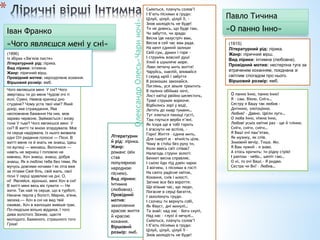 *
Чого являєшся мені У сні? Чого
звертаєш ти до мене Чудові очі ті
ясні, Сумні, Немов криниці дно
студене? Чому уста твої німі? Який
докір, яке страждання, Яке
несповнене бажання На них, мов
зарево червоне, Займається і знову
тоне У тьмі? Чого являєшся мені У
сні? В житті ти мною згордувала, Моє
ти серце надірвала, Із нього визвала
одні Оті ридання голосні — Пісні. В
житті мене ти й знать не знаєш, Ідеш
по вулиці — минаєш, Вклонюся —
навіть не зирнеш І головою не
кивнеш, Хоч знаєш, знаєш, добре
знаєш, Як я люблю тебе без тями, Як
мучусь довгими ночами І як літа вже
за літами Свій біль, свій жаль, свої
пісні У серці здавлюю на дні. О,
ні! Являйся, зіронько, мені Хоч в сні!
В житті мені весь вік тужити — Не
жити. Так най те серце, що в турботі,
Неначе перла у болоті, Марніє, в'яне,
засиха,— Хоч в сні на вид твій
оживає, Хоч в жалощах живіше грає.
По-людськи вільно віддиха, І того
дива золотого Зазнає, щастя
молодого, Бажаного, страшного того
Гріха!
Іван Франко
«Чого являєшся мені у сні»
(1896)
Із збірки «Зів’яле листя»
Літературний рід: лірика.
Вид лірики: інтимна.
Жанр: ліричний вірш.
Провідний мотив: нерозділене кохання.
Віршовий розмір: ямб.
Сміються, плачуть солов’ї
І б’ють піснями в груди:
Цілуй, цілуй, цілуй її, -
Знов молодість не буде!
Ти не дивись, що буде там,
Чи забуття, чи зрада:
Весна іде назустріч вам,
Весна в сей час вам рада.
На мент єдиний залиши
Свій сум, думки і горе -
І струмінь власної душі
Улий в шумляче море.
Лови летючу мить життя!
Чаруйсь, хмелій, впивайся
І серед мрій і забуття
В розкошах закохайся.
Поглянь, уся земля тремтить
В палких обіймах ночі,
Лист квітці рвійно шелестить,
Траві струмок воркоче.
Відбились зорі у воді,
Летять до хмар тумани…
Тут ллються пахощі густі,
Там гнуться верби п’яні.
Як іскра ще в тобі горить
І згаснути не вспіла, -
Гори! Життя – єдина мить,
Для смерті ж – вічність ціла.
Чому ж стоїш без руху ти,
Коли ввесь світ співає?
Налагодь струни золоті:
Бенкет весна справляє.
І сміло йди під дзвін чарок
З вогнем, з піснями в гості
На свято радісне квіток,
Кохання, снів і млості.
Загине все без вороття:
Що візьме час, що люди,
Погасне в серці багаття,
І захолонуть груди.
І схочеш ти вернуть собі,
Як Фауст, дні минулі…
Та знай: над нас – боги скупі,
Над нас – глухі й нечулі…
Сміються, плачуть солов’ї
І б’ють піснями в груди:
Цілуй, цілуй, цілуй її -
Знов молодість не буде!
Літературни
й рід: лірика.
Жанр:
романс (він
став
популярною
народною
піснею).
Вид лірики:
інтимна
(любовна).
Провідний
мотив:
захоплення
красою життя
й красою
кохання.
Віршовий
розмір: ямб.
ОлександрОлесь«Чариночі»
О панно Інно, панно Інно!
Я – сам. Вікно. Сніги…
Сестру я Вашу так любив -
Дитинно, злотоцінно.
Любив? – Давно. Цвіли луги…
О люба Інно, ніжна Iнно,
Любові усміх квітне раз – ще й тлінно.
Сніги, сніги, сніги…
Я Ваші очі пам’ятаю,
Як музику, як спів.
Зимовий вечір. Тиша. Ми.
Я Вам чужий – я знаю.
А хтось кричить: ти рідну стрів!
І раптом – небо… шепіт гаю…
О ні, то очі Ваші.- Я ридаю.
Сестра чи Ви? – Любив…
Павло Тичина
«О панно Інно»
(1915)
Літературний рід: лірика.
Жанр: ліричний вірш.
Вид лірики: інтимна (любовна).
Провідний мотив: нестерпна туга за
втраченим коханням, поєднана зі
світлим спогадом про нього.
Віршовий розмір: ямб.
 
