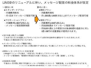 1
LINE@のリニューアルに伴い、メッセージ配信の料金体系が改定
イーンスパイア(株) 横田秀珠の著作権を尊重しつつ、是非ノウハウはシェアして行きましょう。
∼2015.1.14
 ●スタンダードプラン
 ・月額費用無料
 ・月1回までメッセ...