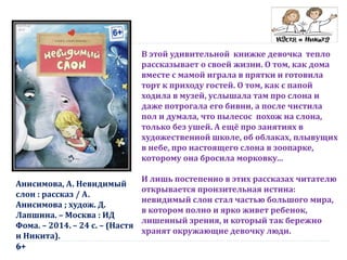 Анисимова, А. Невидимый
слон : рассказ / А.
Анисимова ; худож. Д.
Лапшина. – Москва : ИД
Фома. – 2014. – 24 с. – (Настя
и Никита).
6+
В этой удивительной книжке девочка тепло
рассказывает о своей жизни. О том, как дома
вместе с мамой играла в прятки и готовила
торт к приходу гостей. О том, как с папой
ходила в музей, услышала там про слона и
даже потрогала его бивни, а после чистила
пол и думала, что пылесос похож на слона,
только без ушей. А ещё про занятиях в
художественной школе, об облаках, плывущих
в небе, про настоящего слона в зоопарке,
которому она бросила морковку…
И лишь постепенно в этих рассказах читателю
открывается пронзительная истина:
невидимый слон стал частью большого мира,
в котором полно и ярко живет ребенок,
лишенный зрения, и который так бережно
хранят окружающие девочку люди.
 