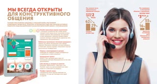 Мы всегда открыты
для конструктивного
общения
Только постоянно общаясь с москвичами, мы можем
совершенствоваться. Поэтому в прошлом году мы начали активно
работать над расширением КАНАЛОВ обратной связи с горожанами.
Онлайн-трансляция оценок посетителей:
с помощью устройства like-unlike возле
каждого окна сразу после получения услуги
можно оценить обслуживание. На экранах
в зале ожидания в режиме онлайн видно,
сколько человек сегодня были довольны или
недовольны обслуживанием.
Мобильное приложение «Активный гражданин»:
опросы по самым актуальным для города
задачам. Москвичи отвечают на наши вопросы
и помогают сделать процесс получения госуслуг
максимально комфортным.
Телефон горячей линии:
специалисты колл-центра отвечают на
вопросы с 8 утра до 8 вечера семь дней
в неделю.
Сайт md.mos.ru, аккаунты в соцсетях
Facebook, «ВКонтакте», «Твиттер» и на
Youtube: здесь мы рассказываем все свои
новости и отвечаем на вопросы.
Краудсорсинг-проект:
более 5 тыс. жителей дали идеи по
улучшению центров. Большинство из них уже
реализованы.
Опросы и анкетирование в центрах
помогают по горячим следам разобраться
в проблемах и найти решение.
Мы снизили число
отрицательных
обращений граждан
Мы переводим
в конструктив
общение с горожанами.
доля
обращений по
конкретным
вопросам
более
чем в
более чем
62%
раза
разаВ
29%
2 3
16%
55%
выросла
за 2014год
только
за 2014 год!
 