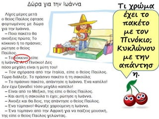 Τι χρώμα
έχει το
πακέτο
με τον
Πινόκιο;
Κυκλώνου
με την
απάντησ
η.
 