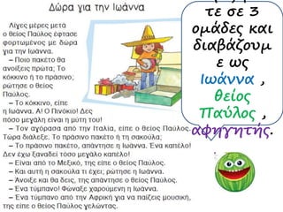 τε σε 3
ομάδες και
διαβάζουμ
ε ως
Ιωάννα ,
θείος
Παύλος ,
αφηγητής.
 