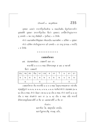 ª√‘®‡©∑∑’Ë Û  ¡«ÿµµ‘π‘‡∑» 235
Õÿ™™≈“ ·ª≈«à“ §“∂“∑’Ë√ÿàß‡√◊Õß¥â«¬ π §≥–‡ªìπµâπ ¡’√Ÿª«‘‡§√“–Àå«à“
Õÿ™⁄™≈µ’µ‘ Õÿ™⁄™≈“ (§“∂“∑’Ë√ÿàß‡√◊Õß ™◊ËÕ«à“ Õÿ™™≈“) ∫∑π’È ”‡√Á®√Ÿª¡“®“°
Õÿ ∫∑Àπâ“ + ™≈ ∏“µÿ (∑‘µ⁄µ‘¡⁄À‘ = √ÿàß‡√◊Õß) + Õ ªí®®—¬
§”«à“ ππ¿√ À‘µ“¿‘À‘µÿ™⁄™≈“ µ—¥∫∑‡ªìπ ππ¿√ À‘µ“ + Õ¿‘À‘µ“ + Õÿ™⁄™≈“
§”«à“ Õ¿‘À‘µ“  ”‡√Á®√Ÿª¡“®“° Õ¿‘ ∫∑Àπâ“ + ∏“ ∏“µÿ (∏“√‡≥ = ∑√ß‰«â)
+ µ ªí®®—¬
* * * * * * * * * * * *
‡«  ‡∑«’§“∂“
¯ı. ªê⁄® ⁄ ®⁄©‘π⁄π“, ‡« ⁄ ‡∑«’ ¡¡“ ¬“.
§“∂“∑’Ë¡’ ¡ ¡ ¬ ¬ §≥– ¡’®—ßÀ«–À¬ÿ¥ ı ·≈– ˜ æ¬“ß§å
™◊ËÕ«à“ ‡«  ‡∑«’
ªê⁄ ® ⁄  ®⁄ ©‘π⁄ π“ ‡« ⁄   ‡∑ «’ ¡ ¡“ ¬“
Ú Ú Ú Ú Ú Ú Ò Ú Ú Ò Ú Ú
¡ ¡ ¬ ¬
‡«  ‡∑«’§“∂“ §◊Õ §“∂“∑’Ë¡’ ¡ ¡ ¬ ¬ §≥– „π∑ÿ°∫“∑¢Õß§“∂“ °≈à“«§◊Õ
§√ÿ≈Àÿ¡’√Ÿª«à“ Ú Ú Ú, Ú Ú Ú, Ò Ú Ú, Ò Ú Ú ®–‡ÀÁπ«à“§”«à“ ªê⁄® ⁄ ®⁄ (Ú Ú
Ú) ‡ªìπ ¡ §≥–, §”«à“ ©‘π⁄π“ ‡« ⁄ (Ú Ú Ú) ‡ªìπ ¡ §≥–, §”«à“  ‡∑«’ (Ò Ú Ú)
‡ªìπ ¬ §≥–  à«π§”«à“ ¡¡“ ¬“ (Ò Ú Ú) ‡ªìπ ¬ §≥– Õπ÷Ëß §“∂“π’È
¡’®—ßÀ«–À¬ÿ¥„πæ¬“ß§å∑’Ë ı §◊Õ π“ ·≈–æ¬“ß§å∑’Ë ˜ §◊Õ ¬“
µ—«Õ¬à“ß
≈ß⁄°“∑’‡ª ‚ ,  µ⁄∂ÿ°ª⁄‚ª Õ°ª⁄‚ª,
≈ß⁄°“«‘Ø˛ü“π“,∑’ ÿ ü“‡π ÿ ‡∂‚√,
 