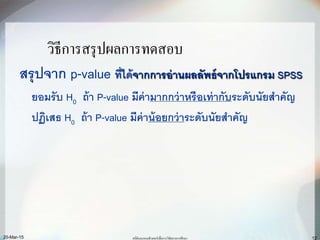 12
วิธีการสรุปผลการทดสอบ
สรุปจาก p-value ที่ได้จากการอ่านผลลัพธ์จากโปรแกรม SPSS
ยอมรับ H0 ถ้า P-value มีค่ามากกว่าหรือเท่ากับระดับนัยสาคัญ
ปฏิเสธ H0 ถ้า P-value มีค่าน้อยกว่าระดับนัยสาคัญ
สถิติและคอมพิวเตอร์เพื่อการวิจัยทางการศึกษา20-Mar-15
 