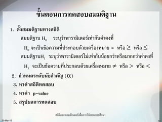 13
ขั้นตอนการทดสอบสมมติฐาน
1. ั ส ำน ำ ส
าน H0 ร ว่า ารา เ รเ ่าก ค่าค ี
H0 เ น ควา ี ร ก วยเคร าย = ร  ร 
านH1 ร ว่า ารา เ ร ่เ ่าก น ยกว่า ร ากกว่าค่าค ี
H1 เ น ควา ี ร ก วยเคร าย  ร  ร 
2. ำ นดระดับนัยสำคัญ ()
3. ำคำส ดส บ
4. ำคำ p-value
5. สร ำร ดส บ
สถิติและคอมพิวเตอร์เพื่อการวิจัยทางการศึกษา
20-Mar-15
 
