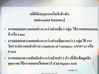 สถิติเชิงอนุมานหรือเชิงอ้างอิง
(Inferential Statistics)
• การทดสอบความแตกต่างระหว่างค่าเฉลี่ย 2 กลุ่ม ใช้การทดสอบแบบ
ที หรือ t-test
• การทดสอบความแตกต่างระหว่างค่าเฉลี่ยมากกว่า 2 กลุ่ม ใช้ การ
วิเคราะห์ความแปรปรวน (Analysis of Variance: ANOVA) หรือ
F-test
• การทดสอบความสัมพันธ์ระหว่างตัวแปร 2 ตัว (ที่เป็นข้อมูลเชิง
คุณภาพ) ใช้การทดสอบไคสแควร์ (Chi-Square test)
20-Mar-15
2
สถิติและคอมพิวเตอร์เพื่อการวิจัยทางการศึกษา
 