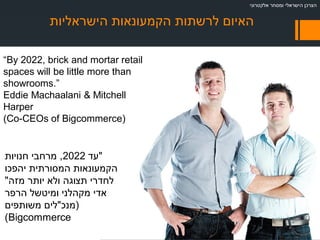 ‫אלקטרוני‬ ‫ומסחר‬ ‫הישראלי‬ ‫הצרכן‬
‫הישראליות‬ ‫הקמעונאות‬ ‫לרשתות‬ ‫האיום‬
“By 2022, brick and mortar retail
spaces will be little more than
showrooms.”
Eddie Machaalani & Mitchell
Harper
(Co-CEOs of Bigcommerce)
"‫עד‬2022,‫חנויות‬ ‫מרחבי‬
‫יהפכו‬ ‫המסורתית‬ ‫הקמעונאות‬
‫מזה‬ ‫יותר‬ ‫ולא‬ ‫תצוגה‬ ‫לחדרי‬"
‫הרפר‬ ‫ומיטשל‬ ‫מקהלני‬ ‫אדי‬
)‫מנכ‬"‫משותפים‬ ‫לים‬
Bigcommerce(
 