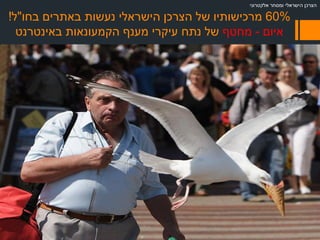 60%‫בחו‬ ‫באתרים‬ ‫נעשות‬ ‫הישראלי‬ ‫הצרכן‬ ‫של‬ ‫מרכישותיו‬"‫ל‬!
‫איום‬-‫מחטף‬‫הקמעונאות‬ ‫מענף‬ ‫עיקרי‬ ‫נתח‬ ‫של‬‫באינטרנט‬
‫אלקטרוני‬ ‫ומסחר‬ ‫הישראלי‬ ‫הצרכן‬
 