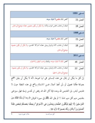 ‫ية‬‫القدس‬ ‫صمن‬ ‫ول‬ُ‫ف‬ُ‫أ‬‫بية‬‫ر‬‫مغ‬ ‫مجهورية‬ ‫مقاالت‬4
‫تور‬‫دس‬1992
‫الفصل‬23‫خشص‬‫املكل‬‫مقدس‬‫ال‬‫تنهتك‬‫حرمته‬.
‫الفصل‬28‫للمكل‬‫ن‬‫أ‬‫أ‬‫خياط‬‫جملس‬‫اب‬‫و‬‫الن‬،‫مة‬‫أ‬‫ل‬‫ا‬‫و‬‫وال‬‫ميكن‬‫ن‬‫أ‬‫أ‬‫يكون‬‫مضمون‬‫خطابه‬‫موضوع‬‫ي‬‫أ‬‫أ‬‫نقاش‬.
‫تور‬‫دس‬1996
‫الفصل‬23‫خشص‬‫املكل‬‫مقدس‬‫ال‬‫تنهتك‬‫حرمته‬.
‫الفصل‬28‫للمكل‬‫ن‬‫أ‬‫أ‬‫خياط‬‫مة‬‫أ‬‫ل‬‫ا‬‫ملان‬‫رب‬‫ال‬‫و‬‫يتىل‬‫و‬‫خطابه‬‫مام‬‫أ‬‫أ‬‫الك‬،‫اجمللسني‬‫وال‬‫ميكن‬‫ن‬‫أ‬‫أ‬‫يكون‬‫نه‬‫و‬‫مضم‬
‫موضوع‬‫ي‬‫أ‬‫أ‬‫نقاش‬.
‫تور‬‫دس‬2011
‫الفصل‬46‫خشص‬‫املكل‬‫ال‬‫تنهتك‬‫حرمته‬،‫للمكل‬‫و‬‫اج‬‫و‬‫التوقري‬‫ام‬‫رت‬‫والاح‬.
‫الفصل‬52‫للمكل‬‫ن‬‫أ‬‫أ‬‫خياط‬‫مة‬‫أ‬‫ل‬‫ا‬،‫ملان‬‫رب‬‫ال‬‫و‬‫يتىل‬‫و‬‫خطابه‬‫مام‬‫أ‬‫أ‬‫الك‬‫اجمللسني‬،‫وال‬‫ميكن‬‫ن‬‫أ‬‫أ‬‫يكون‬‫نه‬‫و‬‫مضم‬
‫موضوع‬‫ي‬‫أ‬‫أ‬‫نقاش‬‫داخلهام‬.
‫ن‬‫ا‬ُ‫ي‬ ‫ان‬ ‫ميكن‬ ‫ما‬ ‫قل‬‫أ‬‫أ‬‫يقبل‬ ‫ن‬‫أ‬‫أ‬ ‫ميكن‬ ‫ال‬ ‫نه‬‫أ‬‫ل‬ ,‫ممنوحة‬ ‫اهنا‬ ‫يه‬ ‫ادلساتري‬ ‫هذه‬ ‫عن‬ ‫قال‬‫جمل‬‫ا‬‫متع‬
‫ب‬‫صياغ‬‫و‬‫أ‬‫أ‬ ‫فصول‬ ‫هكذا‬ ‫ة‬ُ‫ت‬ ‫ن‬‫أ‬‫أ‬‫ب‬‫ط‬‫صال‬‫أ‬‫أ‬‫ال‬ ‫حيث‬ ‫النقطة‬ ‫هذه‬ ‫يف‬ ‫احض‬‫و‬ ‫الاسالم‬ ‫فدين‬ ,
‫برش‬‫ل‬ ‫تقديس‬,‫هللا‬ ‫اكن‬ ‫ذا‬‫فا‬ ‫وحده‬ ‫هلل‬ ‫التقديس‬ ‫بل‬‫قد‬‫ف‬‫ر‬ُ‫ن‬ ‫ان‬ ‫ض‬ُ‫ر‬ ‫قدس‬‫سريىض‬ ‫فهل‬ ‫سهل‬
‫مهنم‬ ‫بتقديس‬‫أ‬‫أ‬‫مهنم‬ ‫قل‬‫؟‬ ‫شئنا‬‫هللا‬ ‫يقل‬ ‫امل‬‫قان‬‫ر‬‫الف‬ ‫سورة‬ ‫يف‬َ‫ن‬ِ‫م‬ َ‫ك‬َ‫ل‬ْ‫ب‬َ‫ق‬ ‫َا‬‫ن‬ْ‫ل‬َ‫س‬ ْ‫ر‬َ‫أ‬ ‫ا‬َ‫م‬ َ‫و‬
َ‫ن‬ْ‫ت‬ِ‫ف‬ ٍ‫ض‬ْ‫ع‬َ‫ب‬ِ‫ل‬ ْ‫م‬ُ‫ك‬َ‫ض‬ْ‫ع‬َ‫ب‬ ‫َا‬‫ن‬ْ‫ل‬َ‫ع‬َ‫ج‬ َ‫و‬ ۗ ِ‫ق‬‫ا‬ َ‫و‬ْ‫س‬َ ْ‫اْل‬ ‫ي‬ِ‫ف‬ َ‫ون‬ُ‫ش‬ْ‫م‬َ‫ي‬ َ‫و‬ َ‫ام‬َ‫ع‬‫ا‬‫الط‬ َ‫ون‬ُ‫ل‬ُ‫ك‬ْ‫أ‬َ‫ي‬َ‫ل‬ ْ‫م‬ُ‫ه‬‫ا‬‫ن‬ِ‫إ‬ ‫ا‬‫َّل‬ِ‫إ‬ َ‫ين‬ِ‫ل‬َ‫س‬ ْ‫ر‬ُ‫م‬ْ‫ال‬‫ة‬
‫ا‬‫ير‬ ِ‫ص‬َ‫ب‬ َ‫ُّك‬‫ب‬ َ‫ر‬ َ‫ان‬َ‫ك‬ َ‫و‬ ۗ َ‫ون‬ُ‫ر‬ِ‫ب‬ْ‫ص‬َ‫ت‬َ‫أ‬‫ا‬‫ية‬‫آ‬‫ل‬20.
 