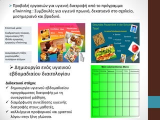 Διαμόρφωση τάξης
μικροομάδες
τεσσάρων ατόμων
Εποπτικά μέσα
διαδραστικός πίνακας,
παρουσίαση PPT,
Φύλλο εργασίας,
εργασίες eTwinning
Προβολή εργασιών για υγιεινή διατροφή από το πρόγραμμα
eTwinning : Συμβουλές για υγιεινό πρωινό, δεκατιανό στο σχολείο,
μεσημεριανό και βραδινό.
Διδακτικοί στόχοι:
 δημιουργία υγιεινού εβδομαδιαίου
προγράμματος διατροφής με τη
συνεργατική μάθηση,
 διαμόρφωση συνείδησης υγιεινής
διατροφής στους μαθητές,
 καλλιέργεια προφορικού και γραπτού
λόγου στην ξένη γλώσσα.
Δημιουργία ενός υγιεινού
εβδομαδιαίου διαιτολογίου
 