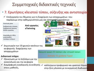 Συμμετοχικές διδακτικές τεχνικές
• 7. Ερωτήσεις κλειστού τύπου, σύζευξης και αντιστοιχίας
Από εργασίες
eTwinning
 Επεξεργασία του θέματος για τη διαχείριση των απορριμμάτων που
παράγουμε στην καθημερινότητα μας και καταγραφή προτάσεων
 Δημιουργία των 10 χρυσών κανόνων της
αειφορικής διαχείρισης των
απορριμμάτων
Διδακτικοί στόχοι:
 Εξοικείωση με το λεξιλόγιο για την
ανακύκλωση και την αειφορία
 διαμόρφωση οικολογικής συνείδησης
στους μαθητές,
 καλλιέργεια προφορικού και γραπτού λόγου
στην ξένη γλώσσα με συνεργατική διαδικασία
Εποπτικά μέσα
διαδραστικός πίνακας,
διαδραστική άσκηση,
Φύλλο εργασίας
Διαμόρφωση τάξης
μικροομάδες
τεσσάρων ατόμων
 