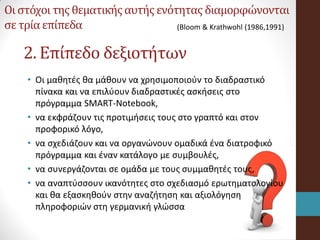 2. Επίπεδο δεξιοτήτων
• Οι μαθητές θα μάθουν να χρησιμοποιούν το διαδραστικό
πίνακα και να επιλύουν διαδραστικές ασκήσεις στο
πρόγραμμα SMART-Notebook,
• να εκφράζουν τις προτιμήσεις τους στο γραπτό και στον
προφορικό λόγο,
• να σχεδιάζουν και να οργανώνουν ομαδικά ένα διατροφικό
πρόγραμμα και έναν κατάλογο με συμβουλές,
• να συνεργάζονται σε ομάδα με τους συμμαθητές τους,
• να αναπτύσσουν ικανότητες στο σχεδιασμό ερωτηματολογίου
και θα εξασκηθούν στην αναζήτηση και αξιολόγηση
πληροφοριών στη γερμανική γλώσσα
Οι στόχοι της θεματικήςαυτής ενότητας διαμορφώνονται
σετρίαεπίπεδα (Bloom & Krathwohl (1986,1991)
 