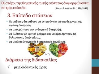 3. Επίπεδο στάσεων
• Οι μαθητές θα μάθουν να εκτιμούν και να αποδέχονται την
υγιεινή διατροφή,
• να απορρίπτουν την ανθυγιεινή διατροφή,
• να βλέπουν με κριτικό βλέμμα και να αμφισβητούν τις
δελεαστικές διαφημίσεις,
• να υιοθετούν υγιεινές διατροφικές συνήθειες.
Διάρκεια της διδασκαλίας
 Τρεις διδακτικές ώρες
Οι στόχοι της θεματικήςαυτής ενότητας διαμορφώνονται
σετρίαεπίπεδα (Bloom & Krathwohl (1986,1991)
 