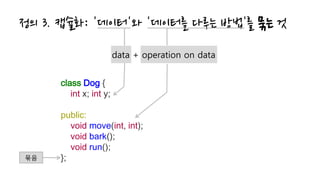 정의 3. 캡슐화: '데이터'와 '데이터를 다루는 방법'를 묶는 것
data + operation on data
class Dog {
int x; int y;
public:
void move(int, int);
void bark();
void run();
};묶음
 
