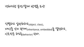 객체지향 분석/설계 방법론 요약
식별하고 일반화하고(object, class),
대상들 간의 관계(inheritance, embedded)를 설정하고,
상호작용 하도록(behavior) 한다.
 