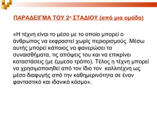ΠΑΡΑΔΕΙΓΜΑ ΤΟΥ 2ου
ΣΤΑΔΙΟΥ (από μια ομάδα)
«Η τέχνη είναι το μέσο με το οποίο μπορεί ο
άνθρωπος να εκφραστεί χωρίς περιορισμούς. Μέσω
αυτής μπορεί κάποιος να φανερώσει τα
συναισθήματα, τις απόψεις του και να επικρίνει
καταστάσεις (με έμμεσο τρόπο). Τέλος η τέχνη μπορεί
να χρησιμοποιηθεί από τον ίδιο τον καλλιτέχνη ως
μέσο διαφυγής από την καθημερινότητα σε έναν
φανταστικό και ιδανικό κόσμο».
 