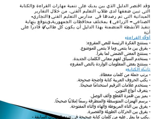 ‫والكتابة‬ ‫القراءة‬ ‫مهارات‬ ‫تنمية‬ ‫على‬ ‫يديك‬ ‫بين‬ ‫الذي‬ ‫الدليل‬ ‫اقتصر‬ ‫وقد‬
‫التقارير‬ ‫خلل‬ ‫من‬ ،‫الفني‬ ‫التعليم‬ ‫طلب‬ ‫لدى‬ ‫ضعفها‬ ‫تبين‬ ‫التي‬
- )‫التجاري‬ ‫الفني‬ ‫التعليم‬ ‫مدارس‬ ‫في‬ ‫رصدها‬ ‫تم‬ ‫التي‬ ‫الميدانية‬
. ( –‫بنهاية‬ ‫ويتوقع‬ ‫الجمهورية‬ ‫محافظات‬ ‫بمختلف‬ ‫الزراعي‬ ‫الصناعي‬
/‫على‬ ‫را‬ً ‫قاد‬ ‫ة‬ ‫طالب‬ ‫كل‬ ‫يكون‬ ‫أن‬ ‫الدليل‬ ‫بهذا‬ ‫المتضمنة‬ ‫النشطة‬ ‫تنفيذ‬
:‫أن‬
:‫القراءة‬ ‫ل‬ً ‫أو‬:
:‫المقروء‬ ‫للنص‬ ‫الرئيسة‬ ‫الفكرة‬ ‫يستنتج‬ -
.‫للموضوع‬ ‫ينتمي‬ ‫ل‬ ‫وما‬ ‫ينتمي‬ ‫ما‬ ‫بين‬ ‫يفرق‬ -
.‫يقرأ‬ ‫لما‬ ‫الضمنى‬ ‫المعنى‬ ‫يستنتج‬ -
.‫الجديدة‬ ‫الكلمات‬ ‫معاني‬ ‫لفهم‬ ‫السياق‬ ‫يستخدم‬ -
‫المقروء‬ ‫بالنص‬ ‫الواردة‬ ‫المعلومات‬ ‫بعض‬ ‫يستنتج‬ -
:‫الكتابة‬ ‫يا‬ً ‫ثان‬:
.‫معطاة‬ ‫كلمات‬ ‫من‬ ‫جملة‬ ‫يرتب‬ -
.‫صحيحة‬ ‫واضحة‬ ‫كتابة‬ ‫العربية‬ ‫الحروف‬ ‫يكتب‬ -
.‫حا‬ً ‫صحي‬ ‫ما‬ً ‫استخدا‬ ‫الترقيم‬ ‫علمات‬ ‫يستخدم‬ -
.‫التنوين‬ ‫أنواع‬ ‫يتعرف‬ -
.‫الوصل‬ ‫وألف‬ ‫القطع‬ ‫همزة‬ ‫بين‬ ‫يميز‬ -
.‫حا‬ً ‫صحي‬ ‫يا‬ً ‫إملئ‬ ‫ما‬ً ‫رس‬ ‫والمتطرفة‬ ‫المتوسطة‬ ‫الهمزات‬ ‫يرسم‬ -
.‫المفتوحة‬ ‫والتاء‬ ‫والهاء‬ ‫المربوطة‬ ‫التاء‬ ‫بين‬ ‫يفرق‬ -
.‫والقصيرة‬ ‫الطويلة‬ ‫الحركات‬ ‫بين‬ ‫يفرق‬ -
- ‫السابقة‬ ‫المهارات‬ ‫ضوء‬ ‫في‬ ‫صحيحة‬ ‫كتابة‬ ‫كلمات‬ ‫من‬ ‫عليه‬ ‫يملى‬ ‫ما‬ ‫.يكتب‬
 