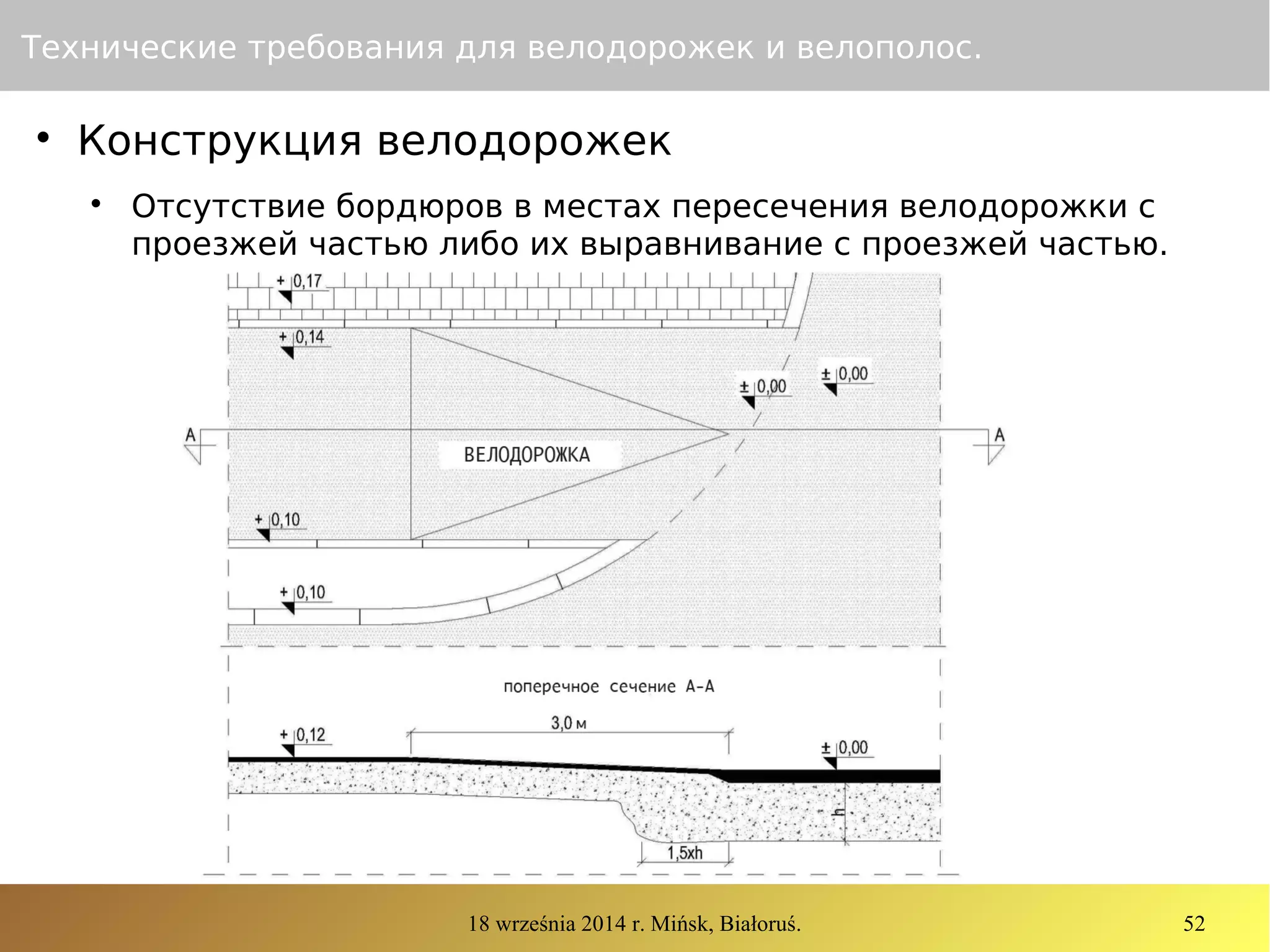 18 września 2014 r. Mińsk, Białoruś. 52
Технические требования для велодорожек и велополос.

Конструкция велодорожек

Отсутствие бордюров в местах пересечения велодорожки с
проезжей частью либо их выравнивание с проезжей частью.
 