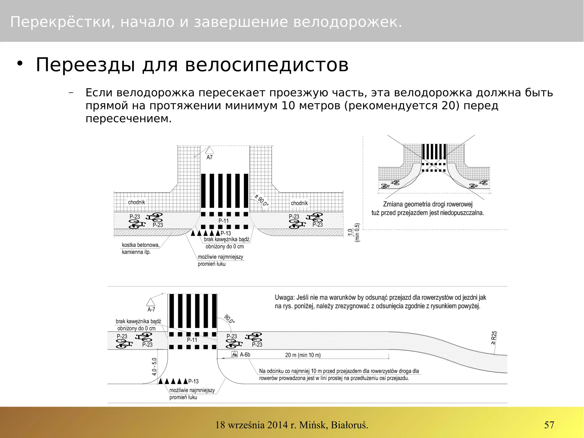 18 września 2014 r. Mińsk, Białoruś. 57
Перекрёстки, начало и завершение велодорожек.

Переезды для велосипедистов
− Если велодорожка пересекает проезжую часть, эта велодорожка должна быть
прямой на протяжении минимум 10 метров (рекомендуется 20) перед
пересечением.
 
