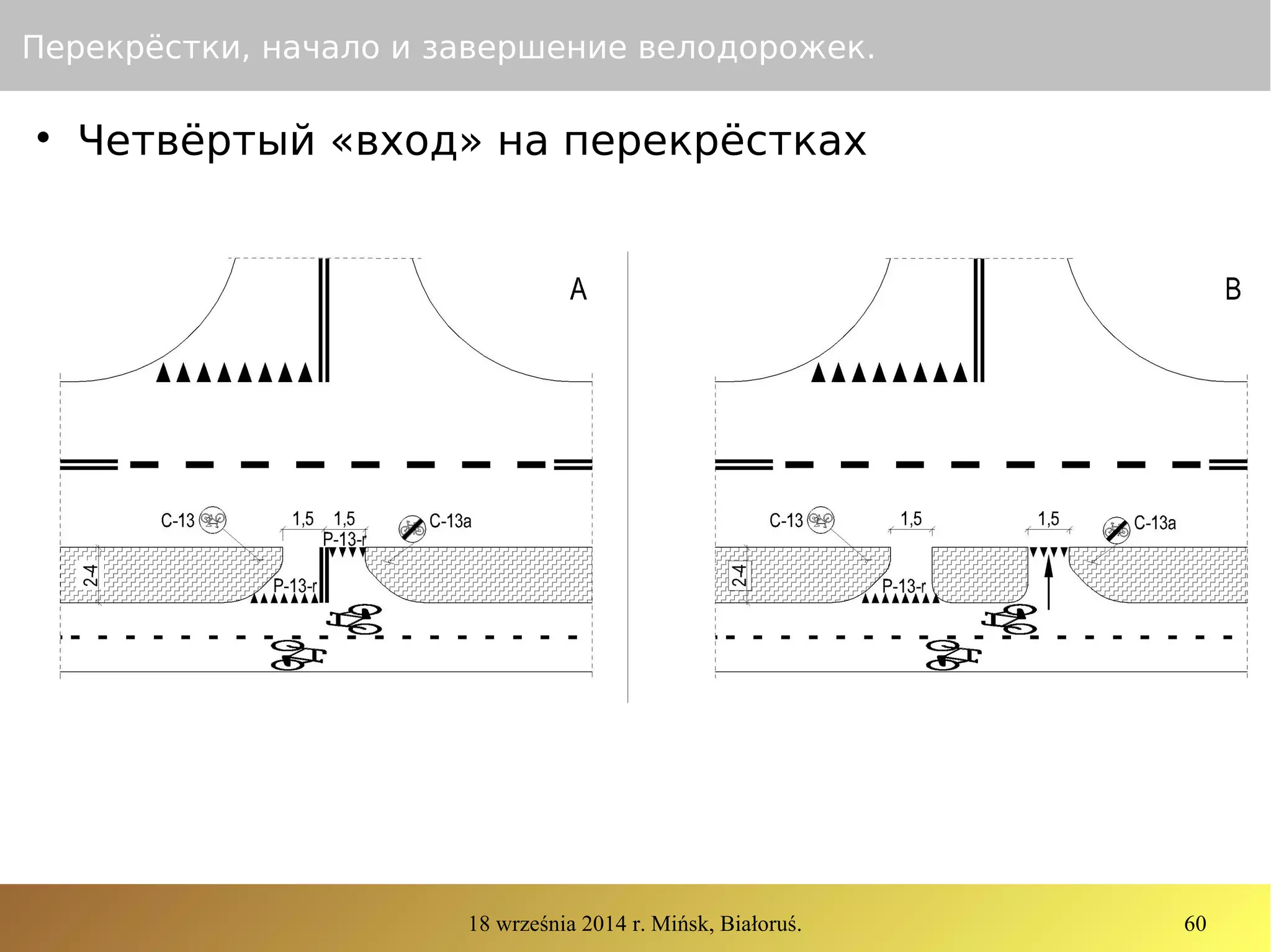 18 września 2014 r. Mińsk, Białoruś. 60
Перекрёстки, начало и завершение велодорожек.

Четвёртый «вход» на перекрёстках
 