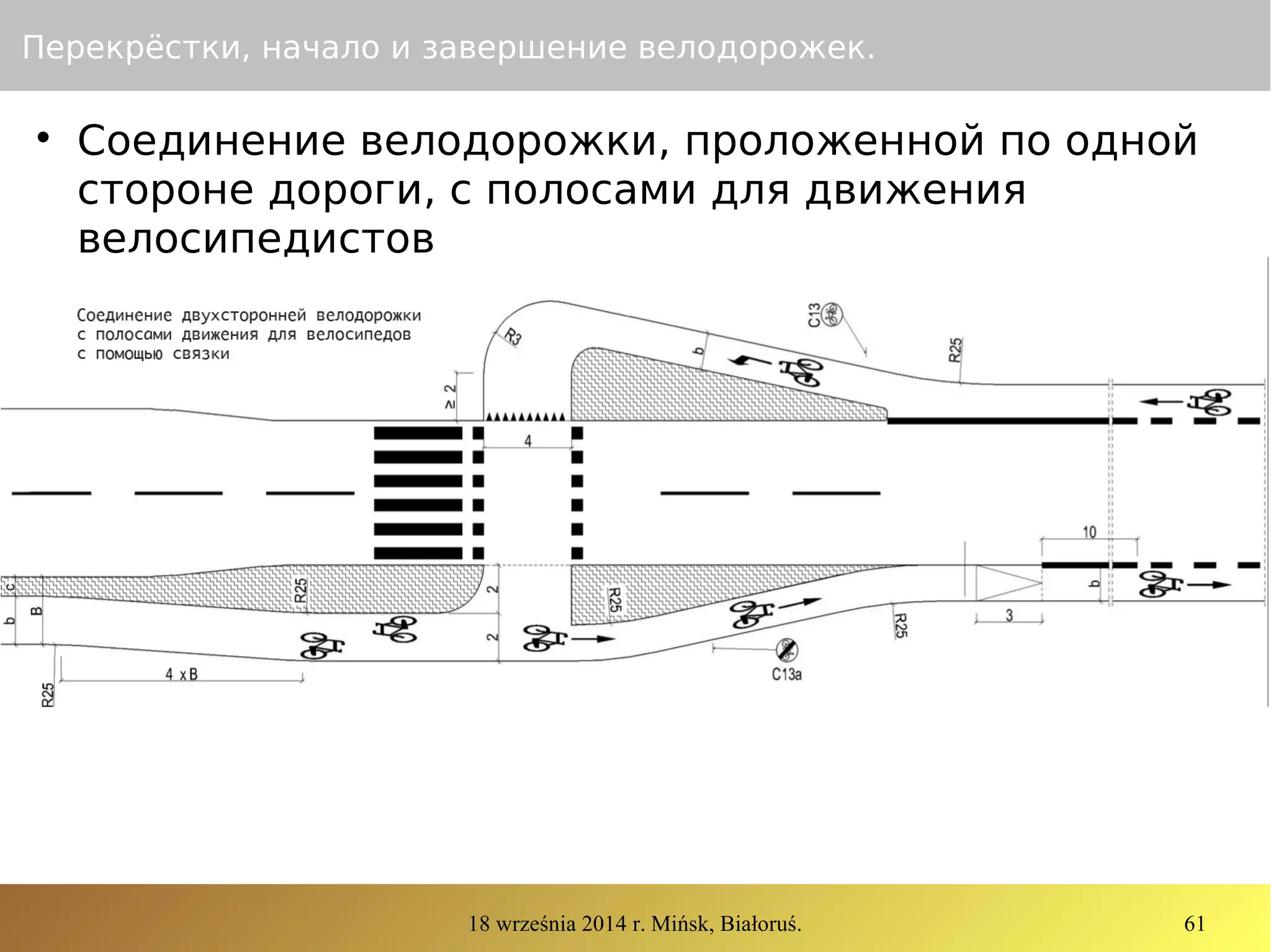 18 września 2014 r. Mińsk, Białoruś. 61
Перекрёстки, начало и завершение велодорожек.

Соединение велодорожки, проложенной по одной
стороне дороги, с полосами для движения
велосипедистов
 