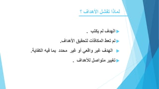 ‫األهداف‬ ‫تفشل‬ ‫لماذا‬‫؟‬
‫الهدف‬‫لم‬‫يكتب‬.
‫لم‬‫تعط‬‫المكافآت‬‫لتحقيق‬‫األهداف‬.
‫الهدف‬‫غير‬‫واقعي‬‫أو‬‫غير‬‫محدد‬‫بما‬‫فيه‬‫الكفاية‬.
‫تغيير‬‫متواصل‬‫لألهداف‬.
 