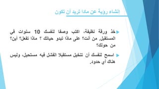 ‫إنشاء‬‫أن‬ ‫تريد‬ ‫مادا‬ ‫عن‬ ‫رؤية‬‫تكون‬
‫خذ‬‫ورقة‬،‫نظيفة‬‫اكتب‬‫وصفا‬‫لنفسك‬10‫سنوات‬‫في‬
‫المستقبل‬.‫من‬‫أنت‬‫؟‬‫على‬‫ماذا‬‫تبدو‬‫حياتك‬‫؟‬‫ماذا‬‫تفع‬‫ل؟‬‫أين؟‬
‫من‬‫حولك‬‫؟‬
‫اسمح‬‫لنفسك‬‫أن‬‫تتخيل‬‫مستقبال‬‫الفشل‬‫فيه‬‫مس‬،‫تحيل‬‫وليس‬
‫هناك‬‫أي‬‫حدود‬.
 