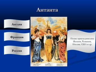 АнтантаАнтанта
АнглияАнглия
ФранцияФранция
РоссияРоссия
Позже присоединились
Япония, Румыния,
Италия, США и др.
 