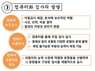 컴퓨터화 검사의 발달
컴퓨터
보조검사
컴퓨터
이용검사
컴퓨터
개별적응
검사
• 자필검사 채점, 분석에 보조적인 역할
• 시간, 인력, 비용 절약
• 결과의 저장과 관리가 편함
• 컴퓨터를 통해 직접 검사 실시
• 동영상 등이 포함된 다양한 유형의 문제 출제
• 측정 불가능한 부분의 능력이 측정 가능
• 피험자의 능력 수준에 적합한 문항들을 선별하여
그 문항들로 구성된 검사를 개별적으로 실시
 