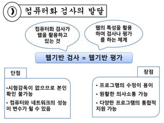 컴퓨터화 검사의 발달
웹기반 검사 = 웹기반 평가
웹의 특성을 활용
하여 검사나 평가
를 하는 체계
컴퓨터화 검사가
웹을 활용하고
있는 것
장점
• 프로그램의 수정이 용이
• 원활한 의사소통 가능
• 다양한 프로그램의 통합적
지원 가능
단점
•시험감독이 없으므로 본인
확인 불가능
• 컴퓨터와 네트워크의 성능
이 변수가 될 수 있음
 