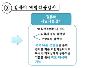 컴퓨터 개별적응검사
컴퓨터
개별적응검사
‘문항반응이론’의 경우
피험자 능력 불변성
문항특성 불변성
각각 다른 문항들을 통해
검사를 치른 피험자들이라도
하나의 척도상에서 공통적인
기준을 통해 비교 해석이
가능
 