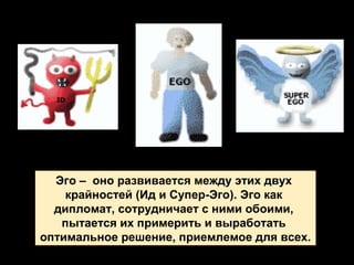 Эго – оно развивается между этих двух
крайностей (Ид и Супер-Эго). Эго как
дипломат, сотрудничает с ними обоими,
пытается их примерить и выработать
оптимальное решение, приемлемое для всех.
 