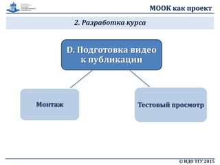 МООК как проект
2. Разработка курса
© ИДО ТГУ 2015
D. Подготовка видео
к публикации
Тестовый просмотрМонтаж
 