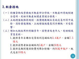 14
（一）特種貨物及勞務稅不動產部分停徵，不動產所得稅制健
全透明，有助不動產相關產業健全發展。
（二）土地增值稅維持現制，漲價總數額自房地交易所得中減
除，消除重複課稅，土地增值稅優惠同步轉軌，不受影
響。
（三）增加之稅收用於照顧青年、弱勢者及老年人，有助縮減
貧富差距。
1.提供青年自購住宅貸款利息補貼約3.4萬戶，金額7.5
億元
2.提供弱勢者租金補貼約5萬戶，金額24億元
3.提供長期照護保險費列舉扣除額，約94萬申報戶，稅
式支出10億元
3.配套措施
 